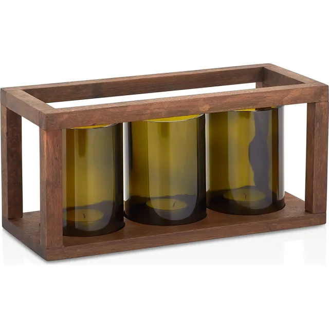 Joy Kitchen fles kaarsenhouder op houten plateau - set van 3 | 11 x 27,5 x 18 cm | Houten plateau | Gemaakt van gerecyclede wijnflessen | Duurzaam Turks hout | Bruin