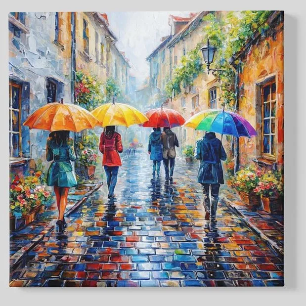 Trendex Global Vierkant Canvas Schilderij - Kunst - Kleurrijke Regenachtige Straat - 40x40 cm