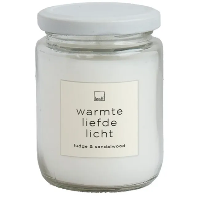 Leeff Geurkaars in bokaaltje - WARMTE, LIEFDE, LICHT - Geur: Fudge & Sandelwood - 6,7 cm x 9 cm - wit
