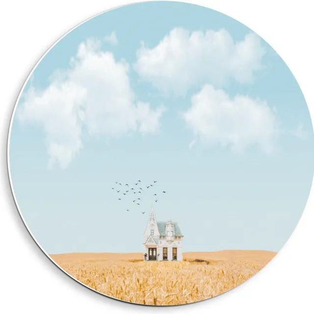 KuijsFotoprint Forex Wandcirkel - Eenzaam Huisje onder Wolkjes - 40x40cm Foto op Wandcirkel (met ophangsysteem) Blauw