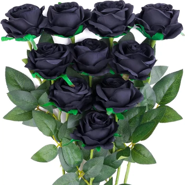 Gotrays 10 stuks rozen kunstbloemen nep zijden roos bloemen realistische enkele stengel bloem boeket voor bruiloft feest kantoor woondecoratie (Zwart)