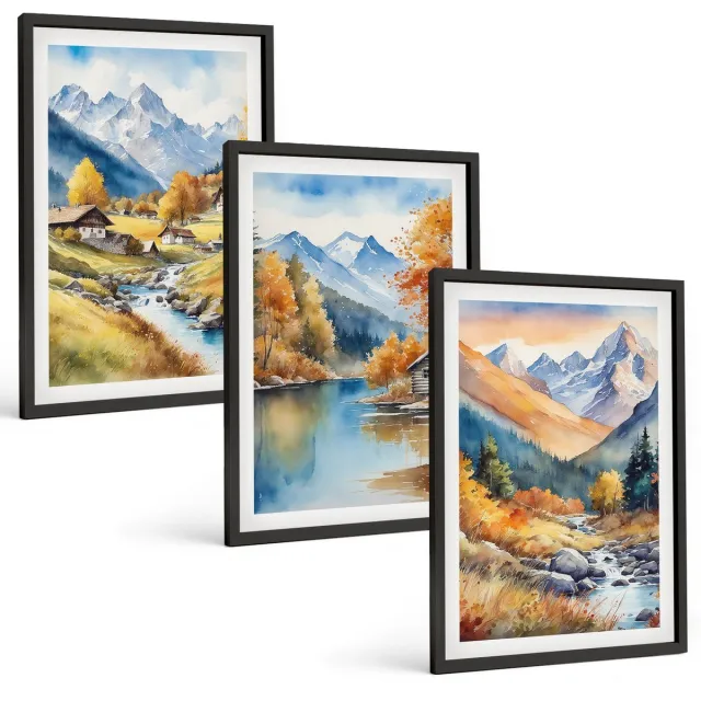 TULUP 4-Delige Schilderij Set - Geschilderde herfstbergen met een rivier en huisjes - 40 x 60 cm - Wanddecoratie - Woonkamer Decoratie Zwarte lijst