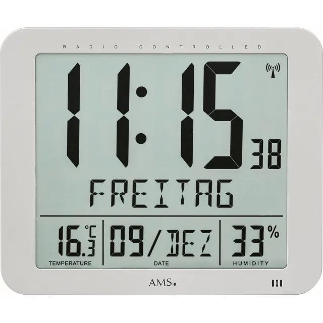 AMS F5884 - Wandklok - Tafelklok - Digitaal - Kunststof - Radiogestuurde tijdsaanduiding - LCD - Temperatuur - Vochtigheid - Zilverkleurig