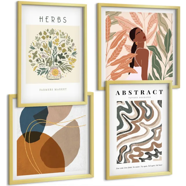 TULUP 4-Delige Schilderij Set - Boho-esthetiek, pastelkleurige minimalistische posters - 40 x 40 cm en 40 x 60 cm - Wanddecoratie - Schilderijen Set - Kantoor - Interieur Decoratie Gouden lijst