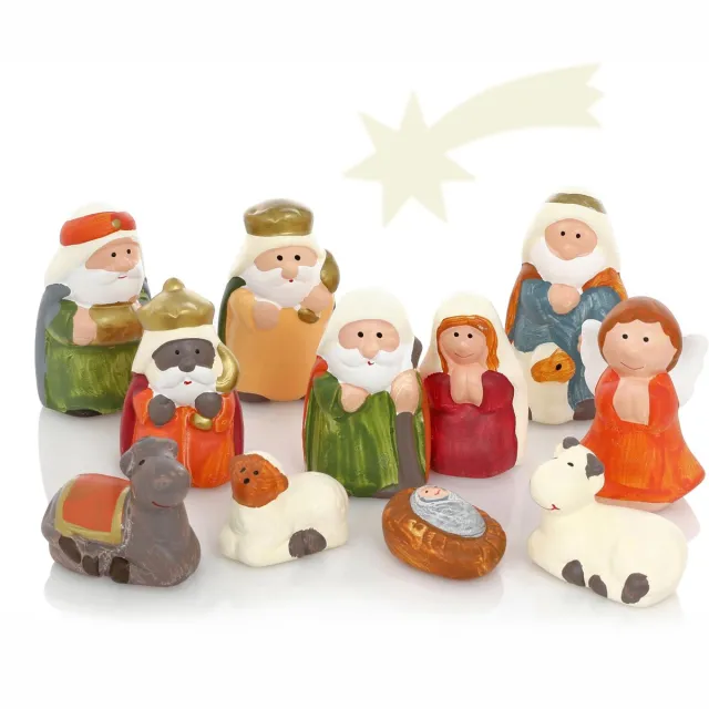 Famanu Keramische kerststalfiguren set van 11 stuks, feestelijke decoratie voor de kerststal, 2 tot 8 cm groot Zwart