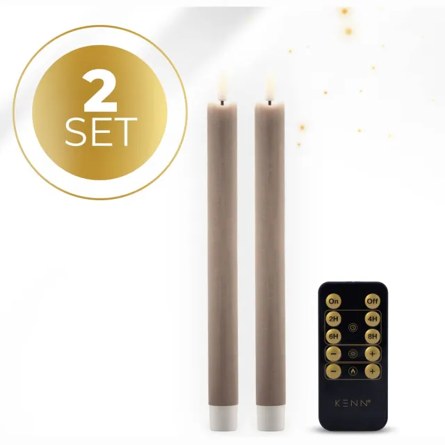KENN LED Dinerkaarsen op Batterijen – Echte Wax – Set van 2 – Rustiek Taupe – Met Afstandsbediening & Timer – Realistische 3D Vlam – LED Kaarsen – Dinerkaars LED – Kaarsen op Batterijen – LED Tafelkaarsen – Horeca – Realistisch Flikkerende Vlam