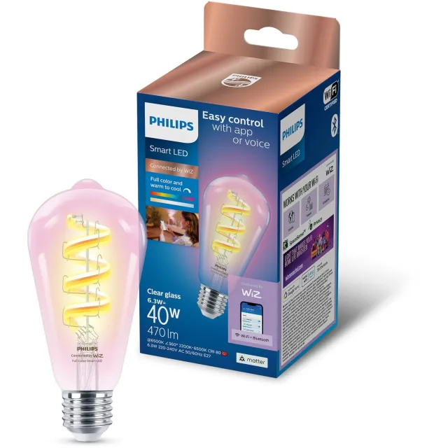 Philips Smart Lighting - LED-filamentlamp - E27 fitting - RGB - Gekleurd en instelbaar wit licht - Dimbaar - 40W - Edisonlamp: ST64 - Helder glas - Wifi