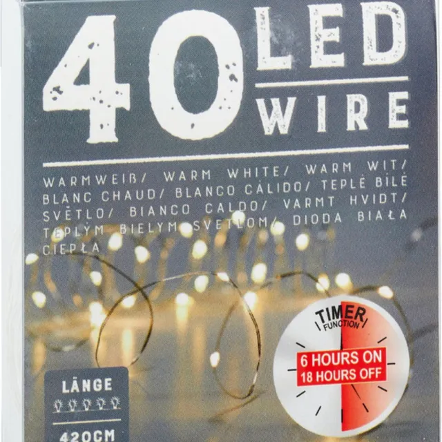 Cepewa Draadverlichting lichtsnoer - 240 cm - 40 leds - warm wit - batterij - timer - kerstverlichting