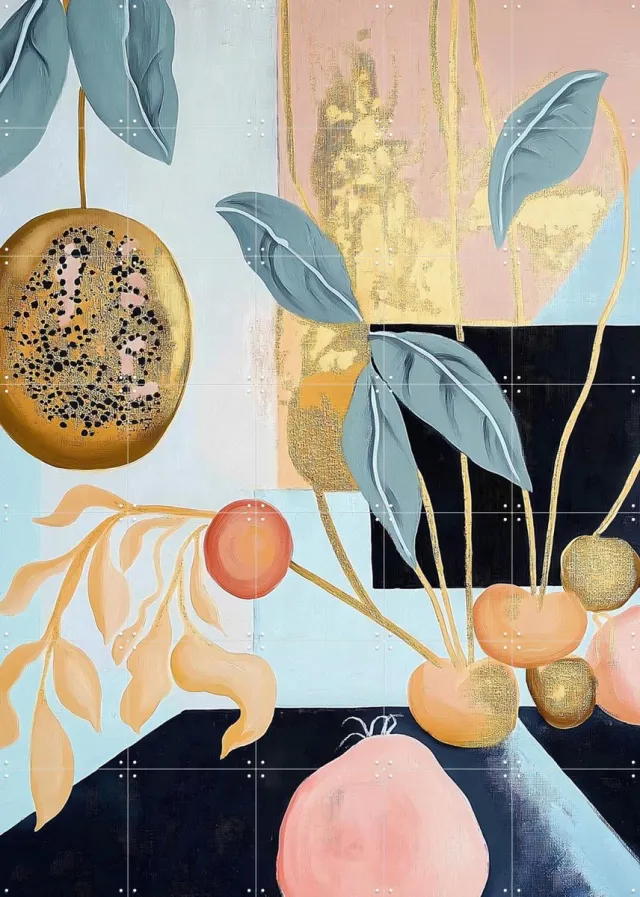 IXXI Woven Harvest, Artclaud - 100 x 140 cm - Grote wanddecoratie en posters - Kleurrijk, Abstract, Minimalisme, Digitale Kunst, Woonkamer Blauw / Goud / Roze