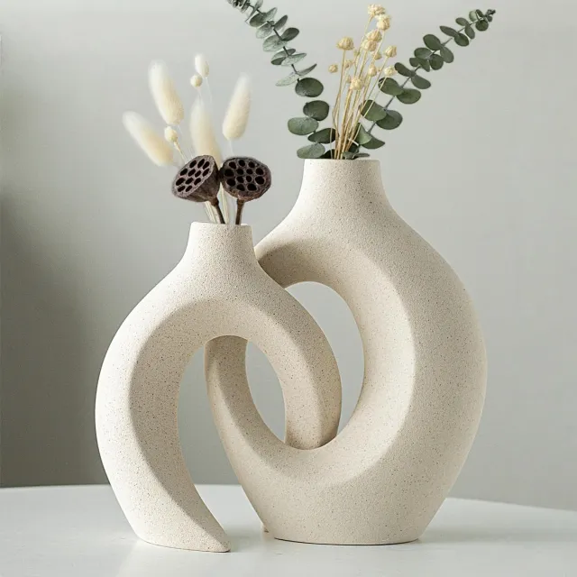 FluxGoods Japandi Keramische Vazen Set van 2 – Japandi Vaas – Matte Keramiek Vazen met Open Design – Moderne Woondecoratie – Beige