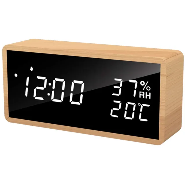 longziming LED Wekker met Houtdesign – 3 Alarmen, Geluidsactivering, Temperatuurweergave (°C/°F) & 12/24-uurs Display – Moderne Bureau- en Slaapkamerklok