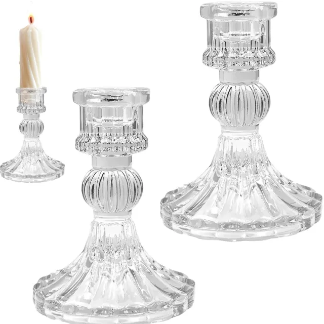 Famanu Set van 2 glazen kandelaars, diamanten staaf, transparante luxe kandelaar voor huisdecoratie