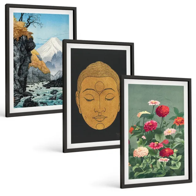 Coloray 3-Delige Schilderij Set - Japanse Natuur En Cultuur In Japandi-Stijl - 40 x 60 cm - Muurdecoratie - Schilderijen Set - Woonkamer - Stijlvolle Muurdecoratie Zwarte lijst