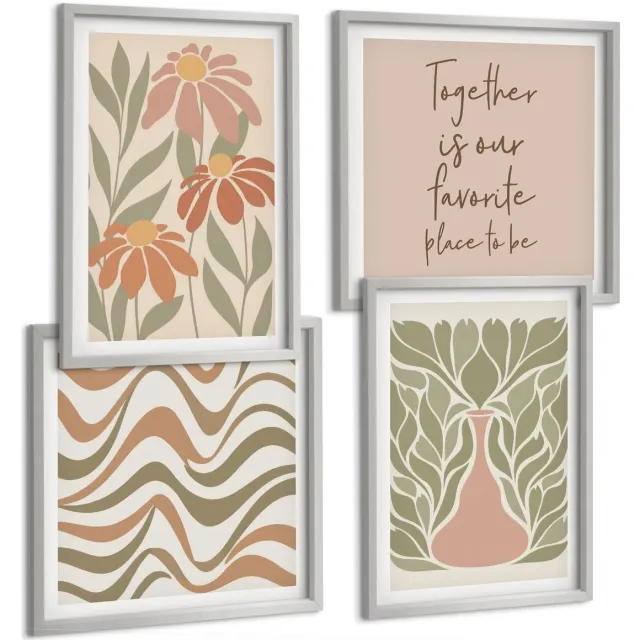 TULUP 4-Delige Schilderij Set - Pastelkleurige bloemenillustraties Abstracte belettering - 40 x 40 cm en 40 x 60 cm - Stijlvolle Muurdecoratie - Kantoor Zilveren lijst