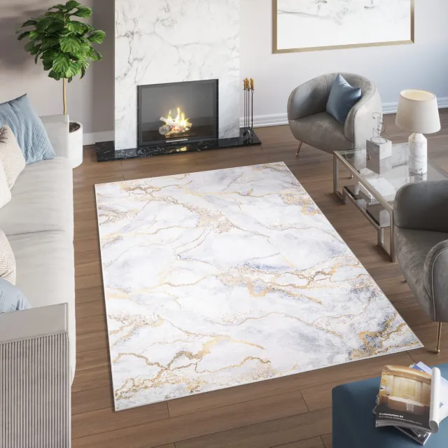Tapiso Toscana Vloerkleed Grijs Gouden Marmer Karpet Tapijt Lichtgrijs