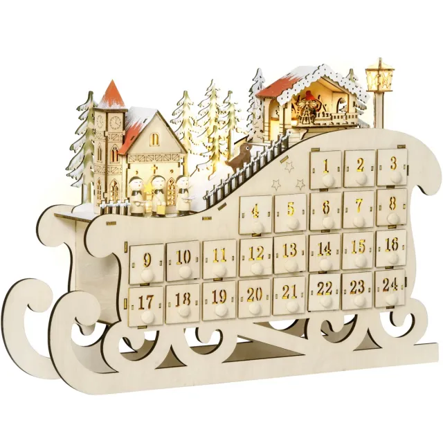 sogiol Houten Adventskalender Slee met 24 lades om te vullen - versieringen en ledverlichting - 45x10x31 cm Houtkleur