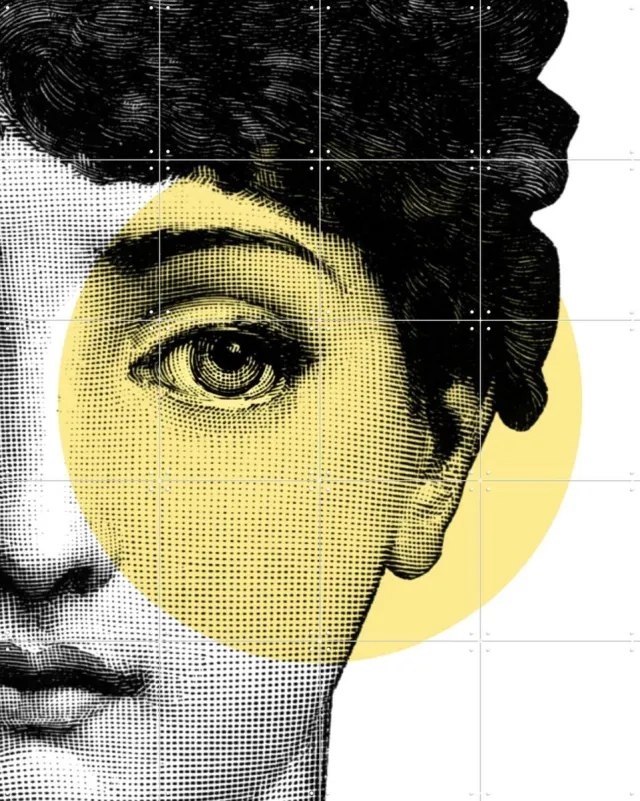 IXXI Insight, Marja van den Hurk - 80 x 100 cm - Grote wanddecoratie en posters - Line art, Geometrische Kunst, Houtsnede, Illustraties, Grafisch Zwart en wit / Geel