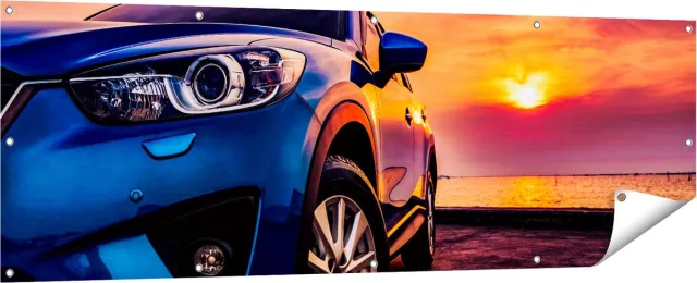 Gards Tuinposter Blauwe Sportwagen Auto bij Zonsondergang - 180x60 cm - Tuindoek - Tuindecoratie - Wanddecoratie buiten - Tuinschilderij Multikleur