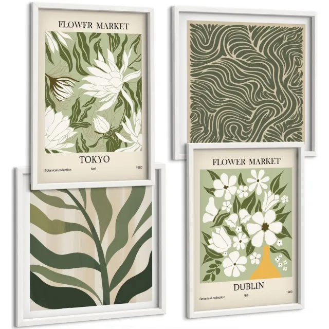 TULUP 4-Delige Schilderij Set - Plantenpatronen, botanische decoraties, boho-stijl - 40x40 en 40x60 - Schilderijen Set - Wanddecoratie - Woonkamer - Woonkamer Decoratie Witte lijst