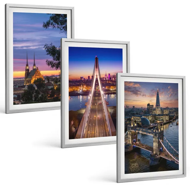 Coloray 3-Delige Schilderij Set - Stadsgezichten Met Bruggen En Zonsondergangen - 40 x 60 cm - Wanddecoratie - Schilderijen Set - Kantoor - Stijlvolle Muurdecoratie Zilveren lijst