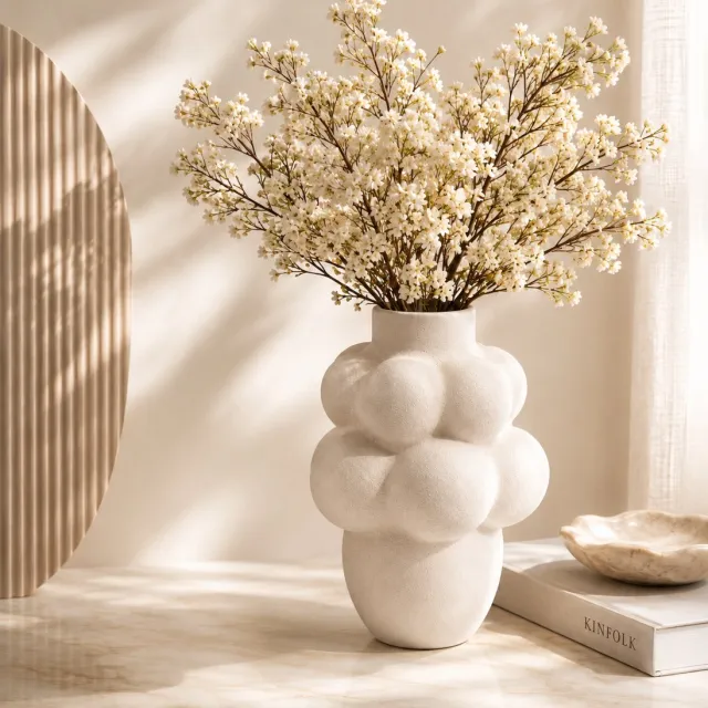 Mevaz Vaas Keramiek – Bubble Vaas – 35 cm – Ø 11 cm – Crème Wit – Design Vaas – Decoratieve Woonaccessoire – Voor Droogbloemen – Modern, Scandinavisch & Hotel Chique Interieur creme wit