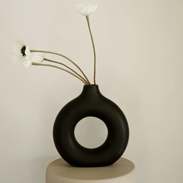 Indore Home Donut Vaas Hol - Rond Large - Bloemenvaas - Nordic - Woonkamer Decoratie - Vaas Zwart - 21,5 cm