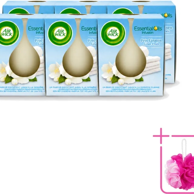 Air Wick 6 x Air Wick – Geurkaars – Fris Linnen met Essentiële Oliën – 105 g - Bulkverpakking - Geurkaars - Douchemop - Fris linnen Wit