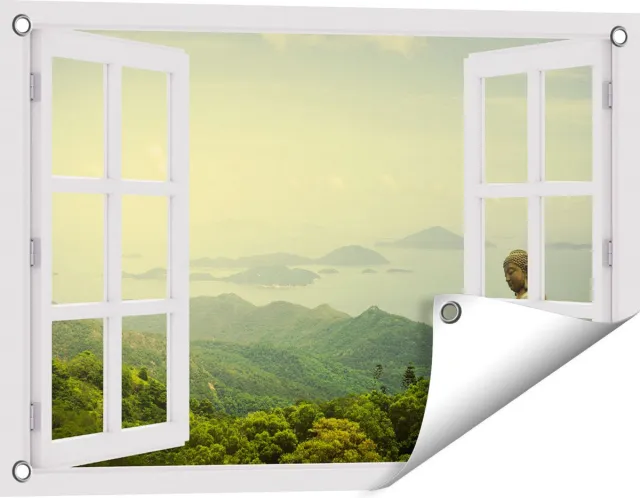 Gards Tuinposter Doorkijk Boeddha Standbeeld in het Bos - 60x40 cm - Tuindoek - Tuindecoratie - Wanddecoratie buiten - Tuinschilderij Wit