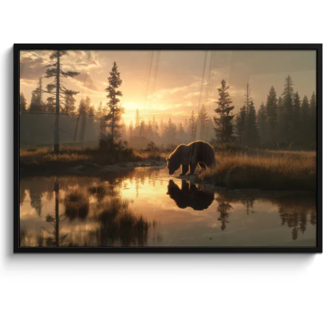FrameYourWall Poster in lijst - Fotolijst 120x80 cm - Posters - Beer - water - Bos - Ochtendlicht - Posterlijst zwart - Decoratie - Wanddecoratie woonkamer - Muurdecoratie slaapkamer