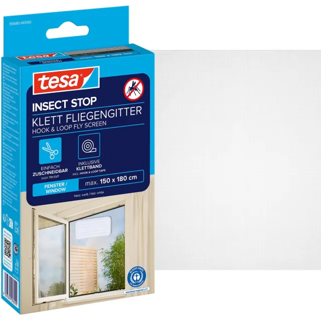 Tesa INSECT STOP H&L Fly Screen for Window - hor met klittenband, op, zonder boren - 1 net - 150 x 180 cm - wit (lichte privacy)