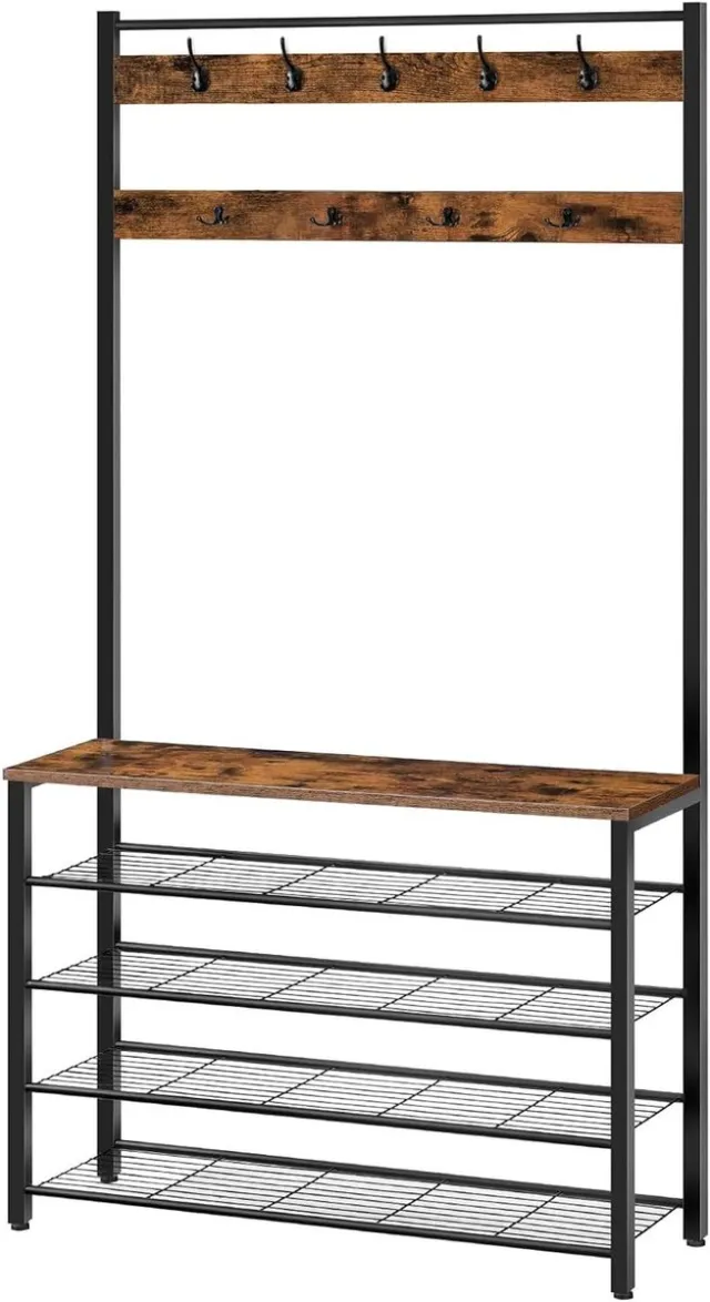 Allecto Plus Halboom kapstok met bank en schoenenrek voor entree - Industrieel rustiek - Bruin en zwart Any