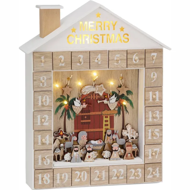 Brubaker Herbruikbare Houten Adventskalender om zelf te vullen - Bijbelverhaaltjeskalender met LED-verlichting - Doe-het-zelf-kalender 31,5 x 38,2 x 6,3 cm
