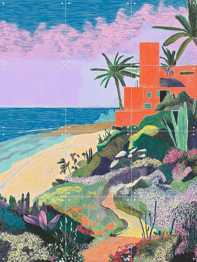 IXXI Coastal Garden, Artclaud - 60 x 80 cm - Grote wanddecoratie en posters - Illustraties, Kleurrijk, Woonkamer, Landschappen, Zeelandschappen & Kust Blauw