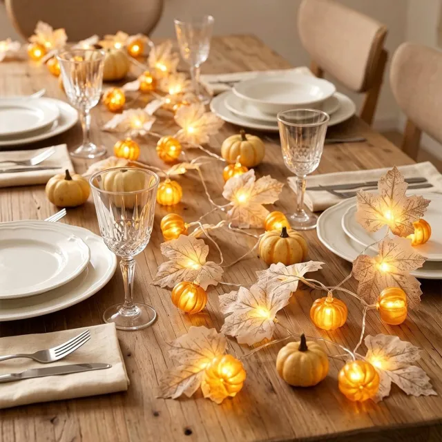Ulisem Herfst Pompoen Esdoornblad LED Slingerlicht - 1,5M Snap Licht - 10 Warm Witte LED Lampjes - 5 Mini Pompoen Decoraties - Voor Binnen - Thanksgiving - Herfst Decoratie - Sfeerverlichting - Geen Stopcontact Nodig