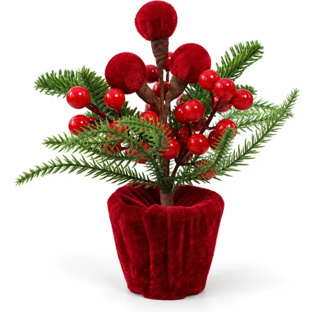 VHV Kunstplant - Kerstplant met rode bessen - Onderhoudsvrije kerstdecoratie - 29 x 29 x 23 cm - Groen en bordeauxrood - Voor tafel, dressoir en woonkamer