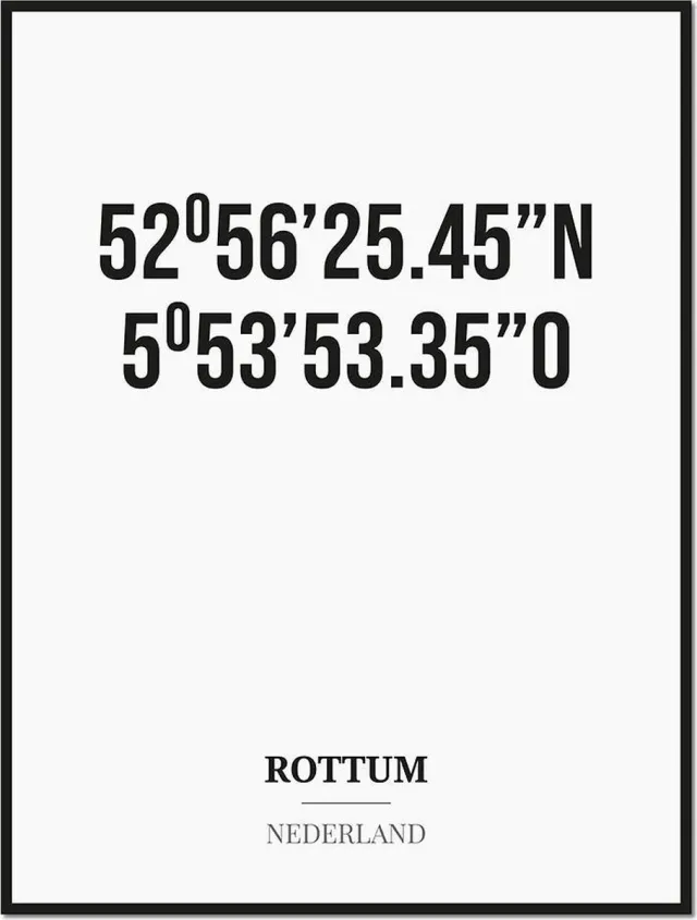 Studio216 Poster/kaart ROTTUM met coördinaten zwart, wit