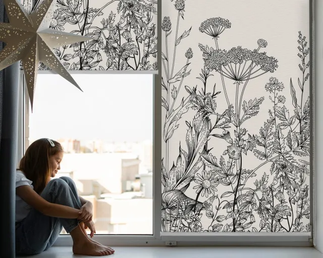 Coloray Rolgordijn Lichtfilterend - Grijze Bloemen Rolgordijn Lichtdoorlatend - 120x140 cm - Beige UV-Bestendig Rolgordijn - Planten Rolgordijn Wandmontage - Rolgordijn Kantoor Beige - Grijze bloemen