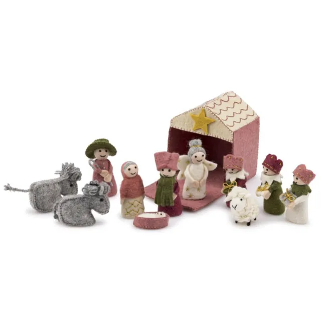 Sjaal met Verhaal Mini Kerststal van vilt hoogte 15 cm - roze - cyclaam - 12 delig