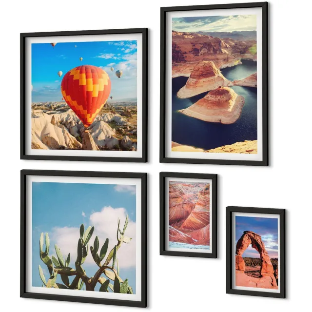 Coloray 5-Delige Schilderij Set - Natuurlijke Landschappen Met Bergen En Waterpartijen - 50 x 50 cm, 20 x 30 cm En 40 x 60 cm - Muurdecoratie - Wanddecoratie - Hal Zwarte lijst