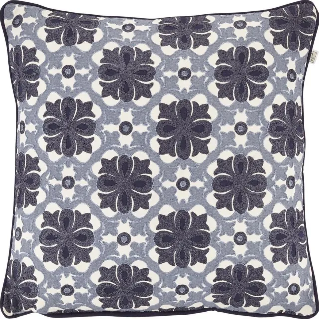 Dutch Decor DALOU - Sierkussen geborduurd 45x45 cm - donkerblauw - wit - grijs - barok dessin - 100% katoen - Inclusief binnenkussen