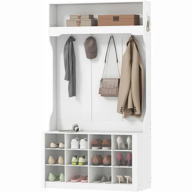 emvae Kapstok - Halkast - Garderobekast - Schoenenkast met Haken - Hoedenplank - 12 Paar Schoenen - 100 x 35 x 172,2 cm - Wit