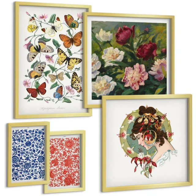 Coloray 5-Delige Schilderij Set - Vintage Decoraties Met Bloemmotieven En Vlinders - 50 x 50 cm, 20 x 30 cm En 40 x 60 cm - Stijlvolle Muurdecoratie - Kantoor - Wanddecoratie Gouden lijst