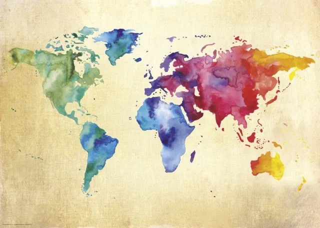 Wereldkaart Posterpoint Poster wereldkaart - waterverf - aquarel - kleuren - werelddelen - 84 x 60 cm multi