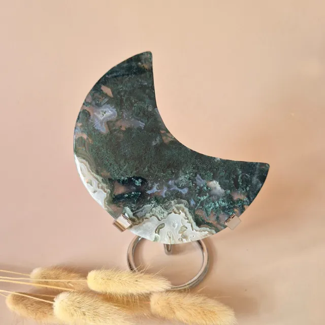 Moonlight Gemstones XL Edelsteen Mosagaat Maan op Standaard (Druzy & Patronen) #170 - 252g