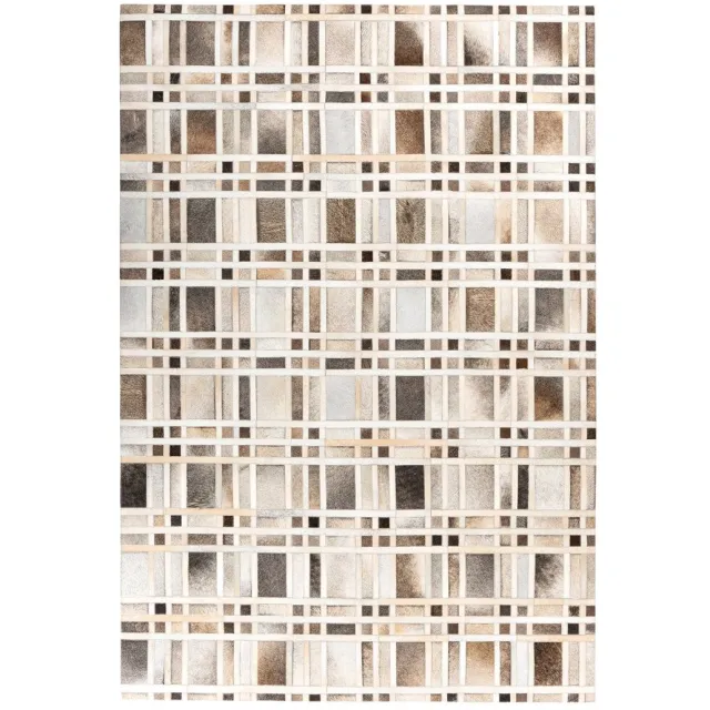 Padiro leren designvloerkleed 120 x 170 cm - lichtbeige - modern patchworkontwerp - met rasterpatroon - voor vloerverwarming - van leer
