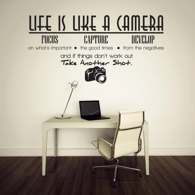 PVE Trading Muursticker Life is like a camera - Muursticker werkkamer - Muursticker kantoor - Muursticker kantoorruimte - Inspirerende muursticker - Muursticker quote - Muursticker met inspirerende quote - L35 x B68 cm Zwart