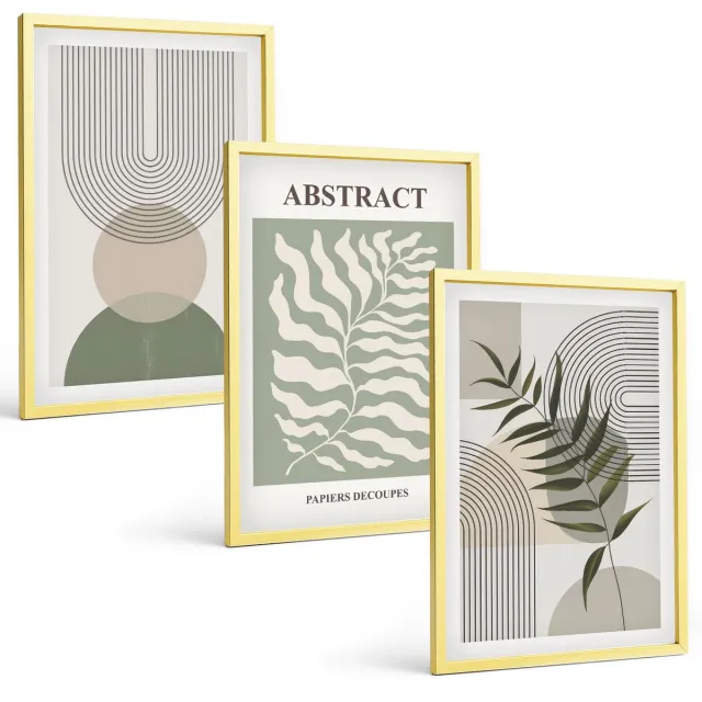 Coloray 3-Delige Schilderij Set - Botanische Abstracte Vormen In Boho-Rustieke Stijl - 40 x 40 cm En 40 x 60 cm - Wanddecoratie - Schilderijen Set - Interieur - Stijlvolle Muurdecoratie Gouden lijst