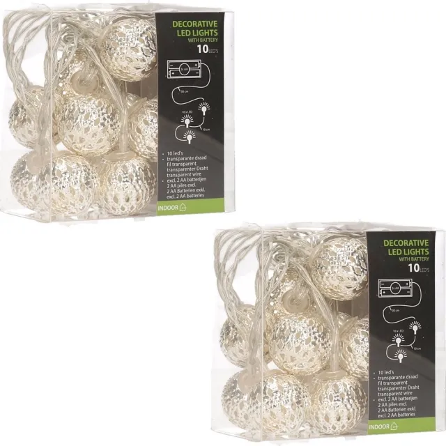 Lumineo Kerstverlichting kerstballen - 2x stuks - LED licht - 90 cm - 10 glazen bollen - wit LED - batterijgevoed