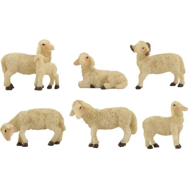 Famanu 6 stuks handbeschilderde kerststalfiguren van schapen met ram en lam, hoogte 5 cm, gedetailleerde kersttafeldecoratie en kerststal-accessoires Zwart