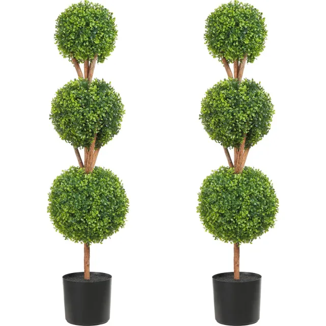 Vevor Kunstbuxusbal 122cm Hoog Tuindecoratief Buxus In Bloempot Kunstbuxusbal Kunstplant Gemaakt Van Pe, Hout, Pp Inclusief 2 Decoratieve Led-Lampen En 10 Reservebladeren zwart